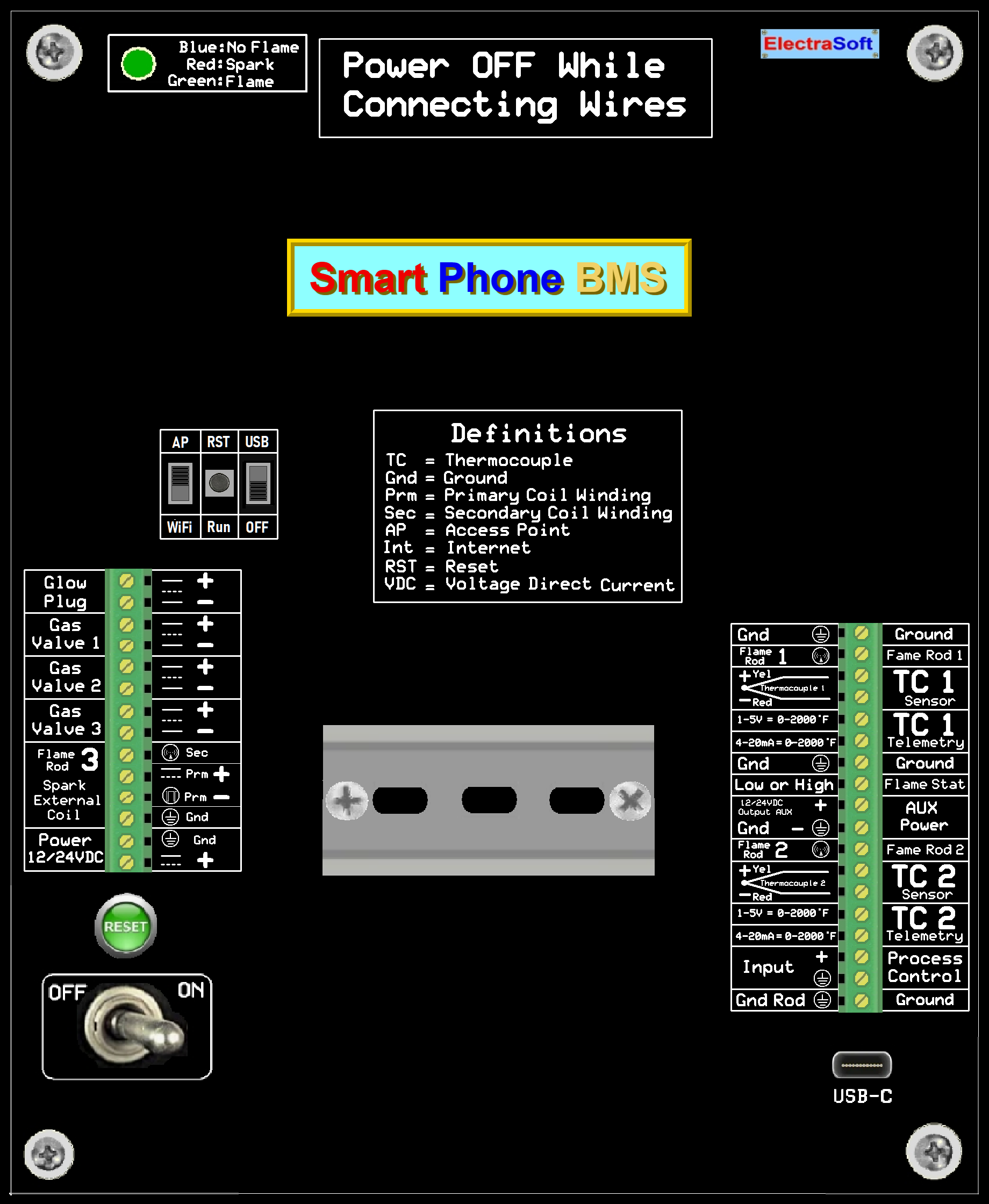 SmartPhone BMS Control Panel with flame status indicators, spark status LEDs, and terminal connectors